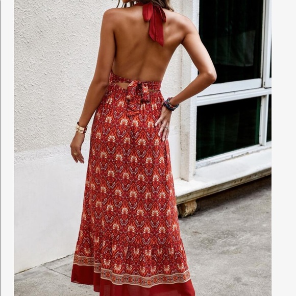 Boho Floral Print Cottagecore Halter Maxi Dress - Picture 4 of 4